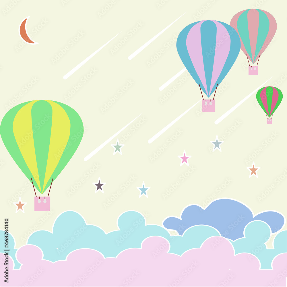 Picture of balloons floating in the sky, colorful balloons blue, pink, white, red and green,clouds floating in the sky with many stars and months in the sky. on a yellow background.