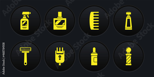 Set Shaving razor, Electrical hair clipper shaver, Beard and mustaches care oil bottle, Hairbrush, Aftershave, Classic Barber shop pole and Hairdresser pistol spray icon. Vector