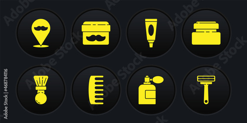 Set Shaving brush, Cream or lotion cosmetic tube, Hairbrush, Aftershave bottle with atomizer, jar, razor and Barbershop icon. Vector