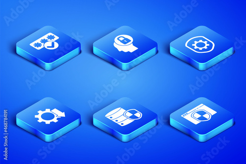 Set Browser with shield, Password protection, Server, Cost reduction, Human head lock and Shield settings gear icon. Vector