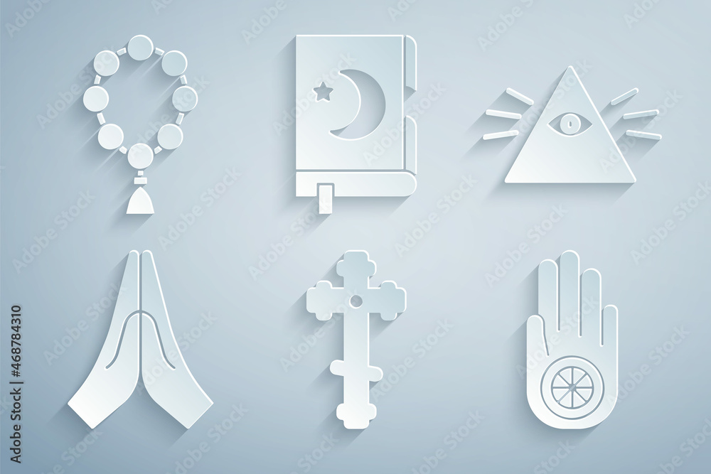 Set Christian cross, Masons, Hands in praying position, Jainism or Jain Dharma, Holy book of Koran and Rosary beads religion icon. Vector