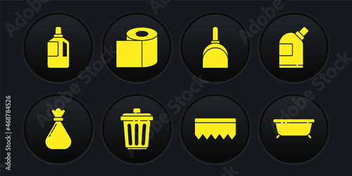 Set Garbage bag, Bottles for cleaning agent, Trash can, Sponge with bubbles, Dustpan, Toilet paper roll, Bathtub and Fabric softener icon. Vector