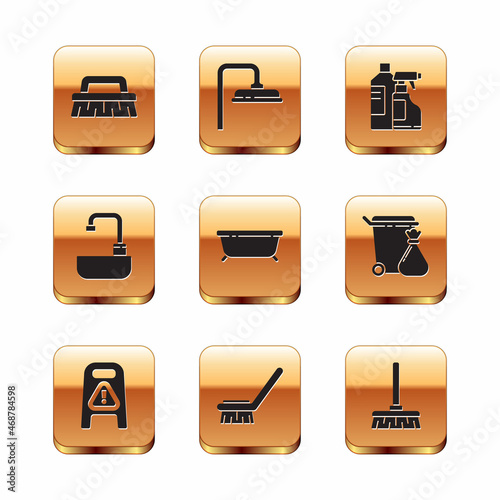 Set Brush for cleaning, Wet floor and progress, Bathtub, Washbasin with water tap, Bottles agent, Handle broom and Shower head icon. Vector