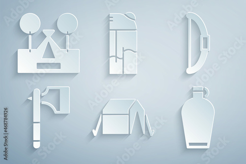 Set Tourist tent, Bow, Wooden axe, Canteen water bottle, Lighter and icon. Vector
