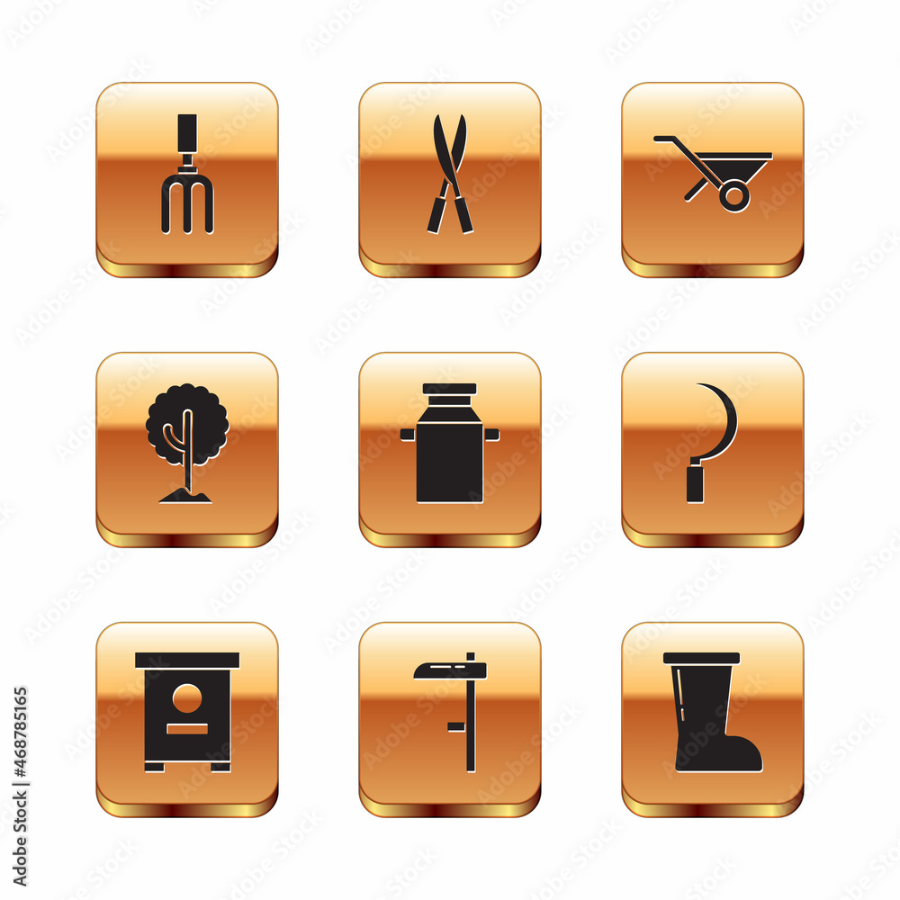 Set Garden rake, Hive for bees, Scythe, Can container milk, Tree, Wheelbarrow, Waterproof rubber boot and Gardening handmade scissors icon. Vector Set Garden rake, Hive for bees, Scythe, Can container milk, Tree, Wheelbarrow, Waterproof rubber boot and Gardening handmade scissors icon. Vector