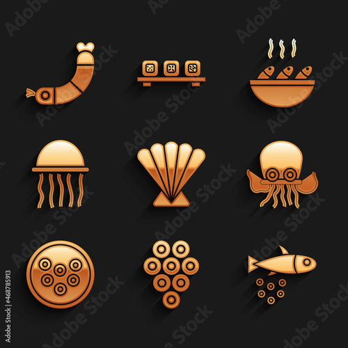 Set Scallop sea shell, Caviar, Fish with caviar, Octopus, on plate, Jellyfish, soup and Shrimp icon. Vector © vector_v