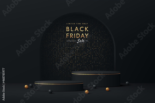 Black and Gold realistic 3D cylinder pedestal podium set with golden glitter in window. Vector abstract dark studio room. Black friday sale minimal scene for products showcase, Promotion display.