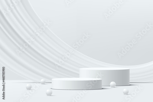Abstract 3D white realistic 3D cylinder pedestal podium set, Liquid curve shape backdrop with white beads. Luxury minimal scene for product display presentation. Vector rendering geometric platform. photo