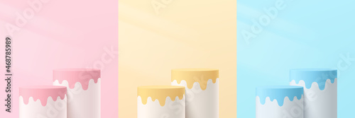 Set of pink, yellow, blue and white realistic 3d cylinder pedestal or stand podium. Vector abstract studio room with geometric platform. Pastel minimal scene for products showcase, Promotion display.