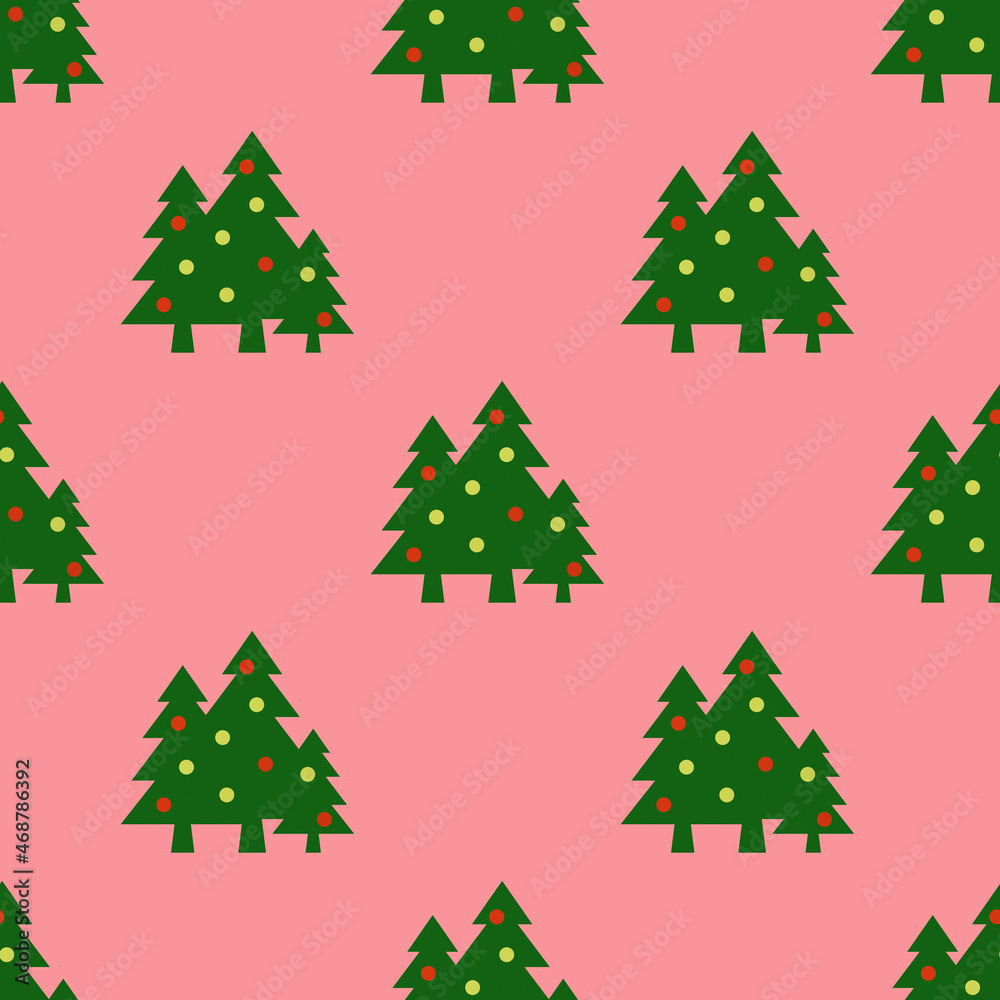 Seamless pattern. Image of green Christmas trees with balls on purple red background. Symbol of new year and Christmas. template for overlaying on surface. 3d image. 3d rendering