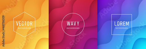 Set of abstract layered wavy shape Yellow, Pink-purple and Blue color background with copy space. Trendy color paper cut design. Modern fluid curve vector pattern, Origami concept. Topographic style.