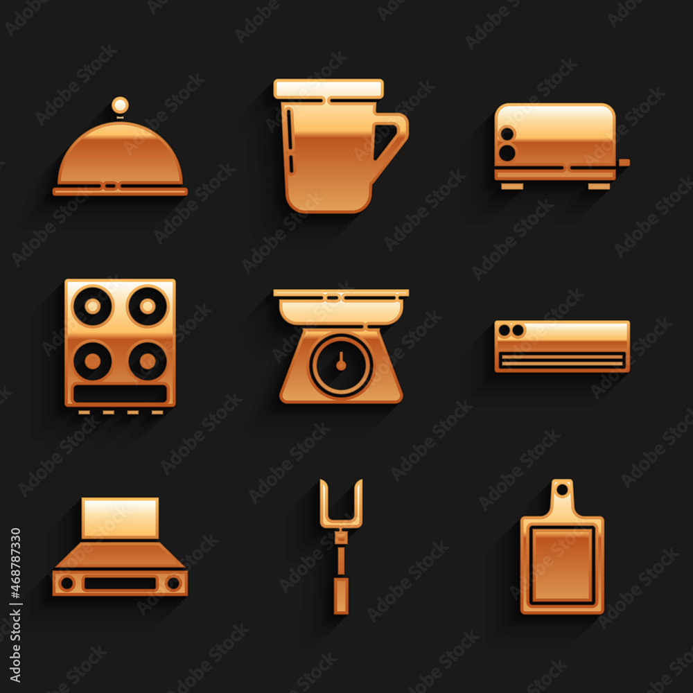 Set Scales, Barbecue fork, Cutting board, Air conditioner, Kitchen extractor fan, Gas stove, Toaster and Covered with tray icon. Vector Set Scales, Barbecue fork, Cutting board, Air conditioner, Kitchen extractor fan, Gas stove, Toaster and Covered with tray icon. Vector