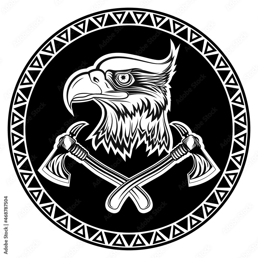 The symbol is the coat of arms of the Indians with the symbol of an Eagle and a tomahawk in a vector in monochrome on a white background The symbol is the coat of arms of the Indians with the symbol of an Eagle and a tomahawk in a vector in monochrome on a white background