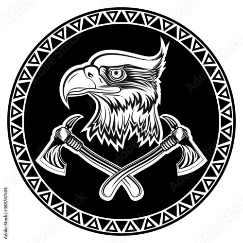 The symbol is the coat of arms of the Indians with the symbol of an Eagle and a tomahawk in a vector in monochrome on a white background