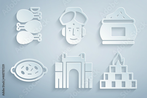 Set India Gate in Delhi, Indian spice, Kheer bowl, Yagna, man and Tandoori chicken icon. Vector