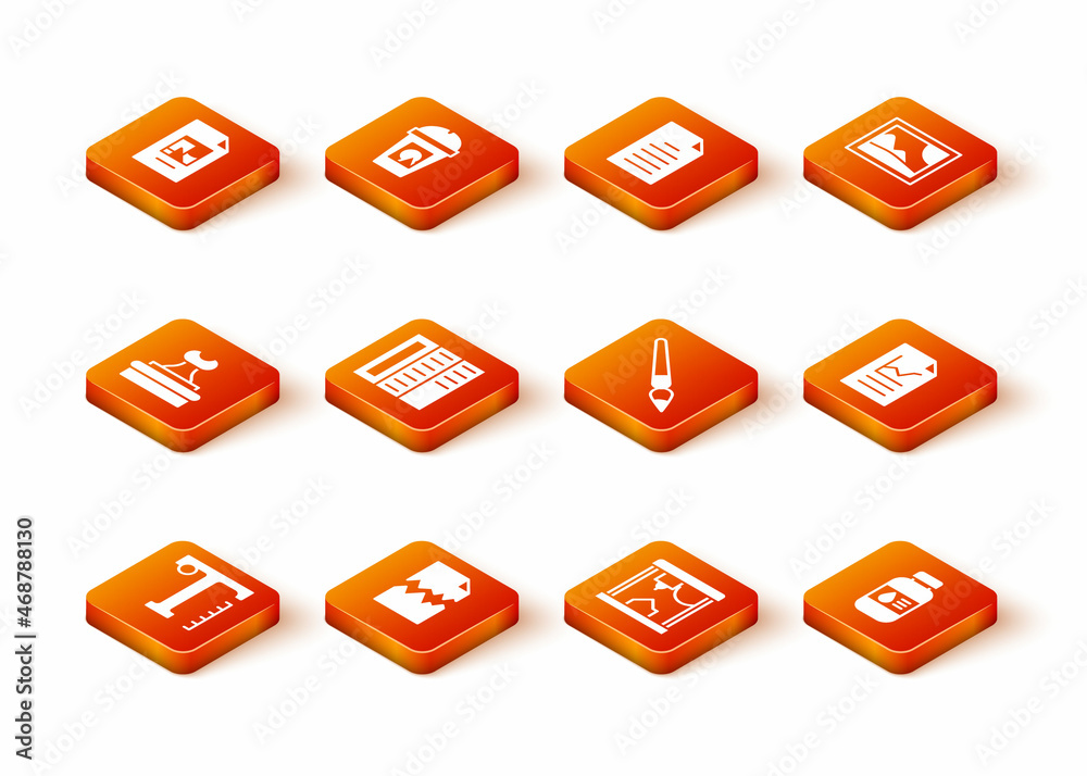 Set Text, Torn document, Stamp, Brochure, 3D printer, Paint brush, Printer ink bottle and Document with graph chart icon. Vector Set Text, Torn document, Stamp, Brochure, 3D printer, Paint brush, Printer ink bottle and Document with graph chart icon. Vector