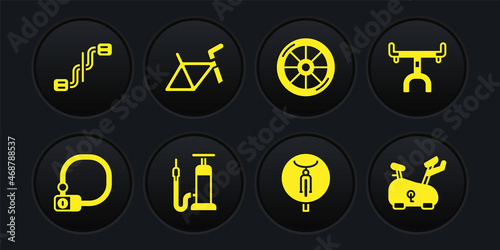 Set Bicycle lock, handlebar, air pump, wheel, frame, Stationary bicycle and pedals icon. Vector