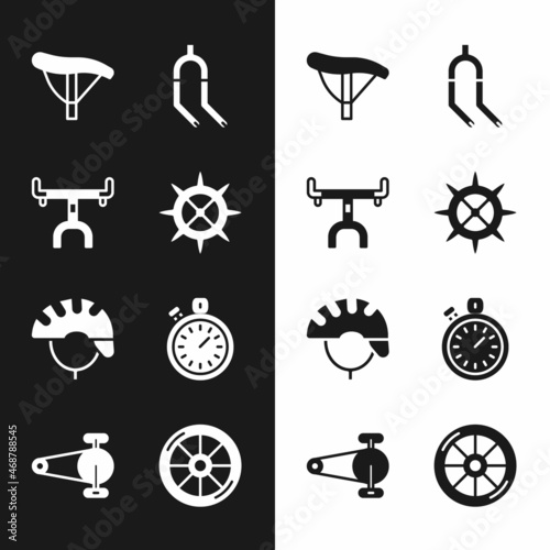 Set Bicycle sprocket crank, handlebar, seat, fork, helmet, Stopwatch, wheel and chain with gear icon. Vector