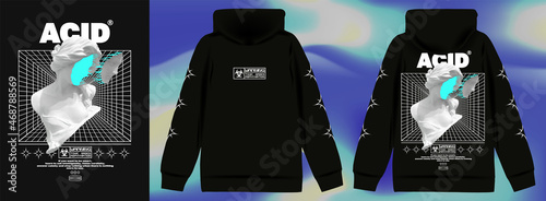 Modern poster with the text "Acid" Statue of a girl with a torn off face and streaks. In Acid style, stylish print for streetwear, print for t-shirts and hoodies, isolated on black background