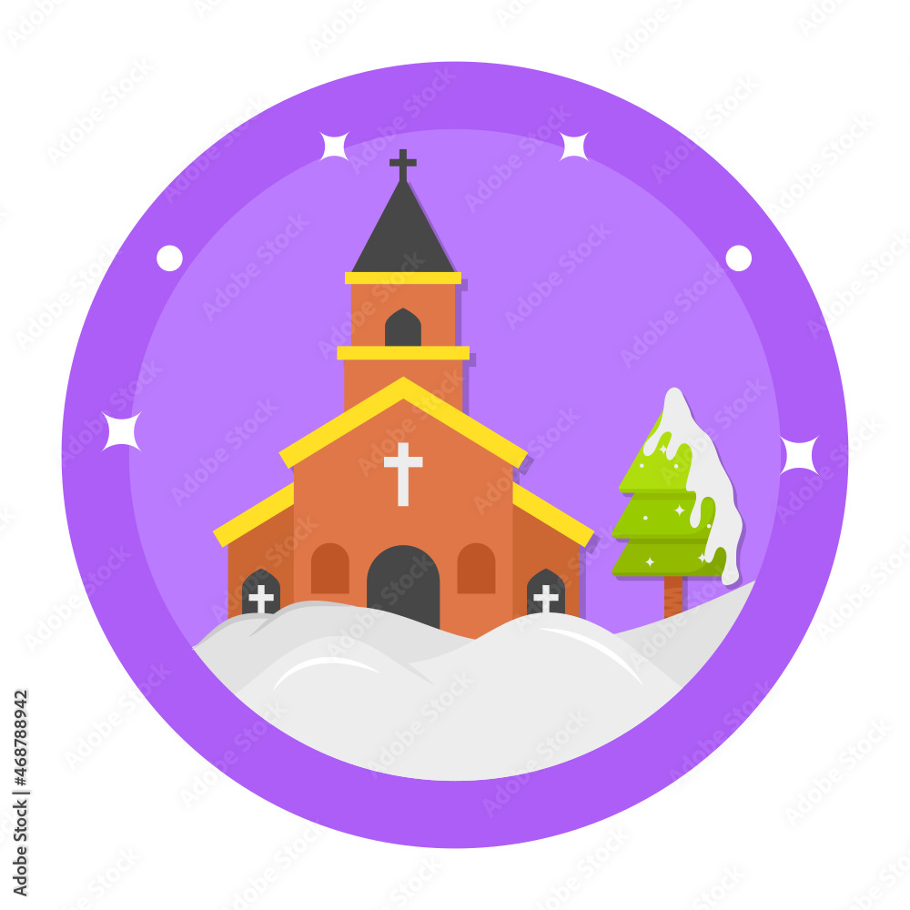Snow with Pine Tree Concept, Church Building Vector Color Icon Design, Merry Christmas Symbol on white background, New Year Celebration Sign, Winter Holidays Stock Illustration