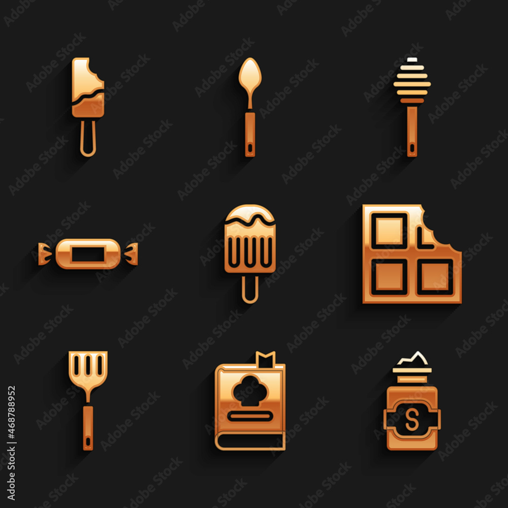 Set Ice cream, Cookbook, Jar of sugar, Chocolate bar, Spatula, Candy, Honey dipper stick and icon. Vector Set Ice cream, Cookbook, Jar of sugar, Chocolate bar, Spatula, Candy, Honey dipper stick and icon. Vector