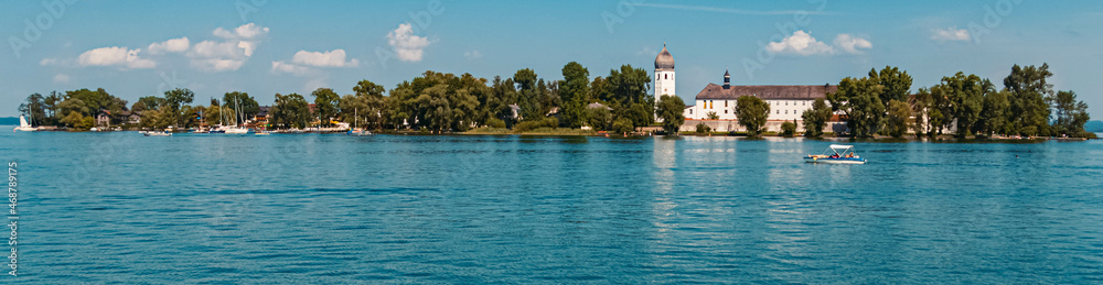 Beautiful alpine summer view of the famous Fraueninsel, Chiemsee, Bavaria, Germany