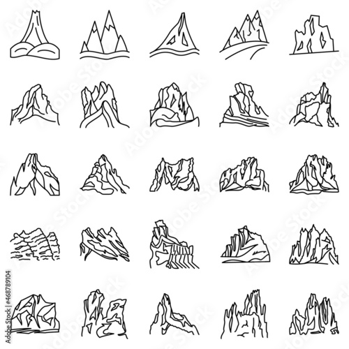 Mountains, hills, mountain ranges and peaks. A set of vector icons, offline, isolated. Tourist route, travel outside.