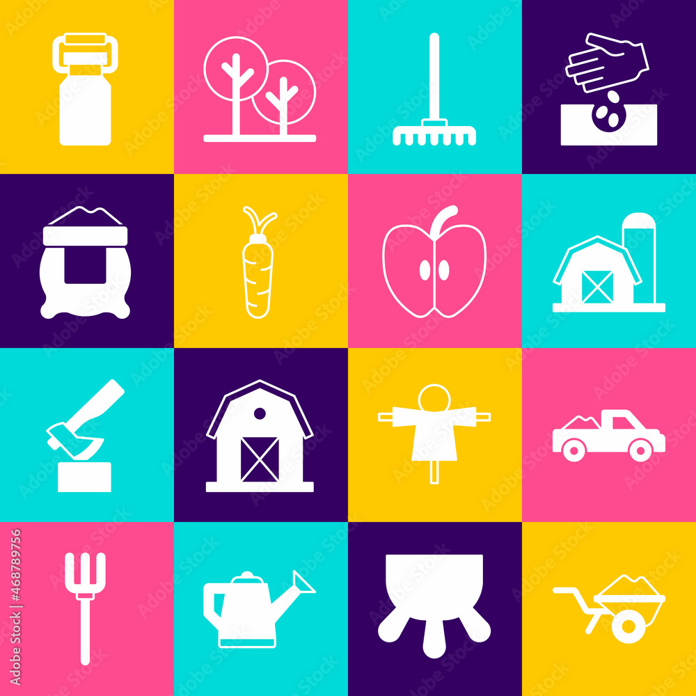 Set Wheelbarrow with dirt, Pickup truck, Farm house, Garden rake, Carrot, Bag of flour, Can container for milk and Apple icon. Vector Set Wheelbarrow with dirt, Pickup truck, Farm house, Garden rake, Carrot, Bag of flour, Can container for milk and Apple icon. Vector