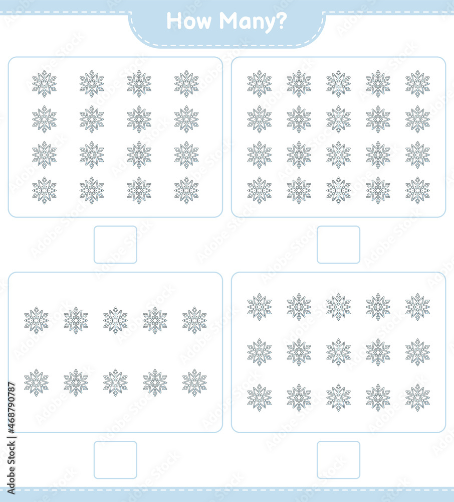 Counting game, how many Snowflake. Educational children game, printable worksheet, vector illustration Counting game, how many Snowflake. Educational children game, printable worksheet, vector illustration