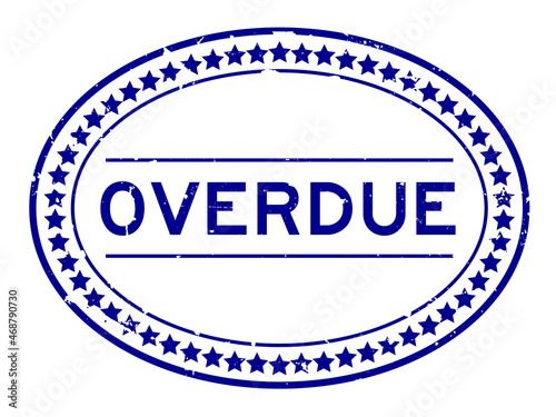 Grunge blue overdue word oval rubber seal stamp on white background