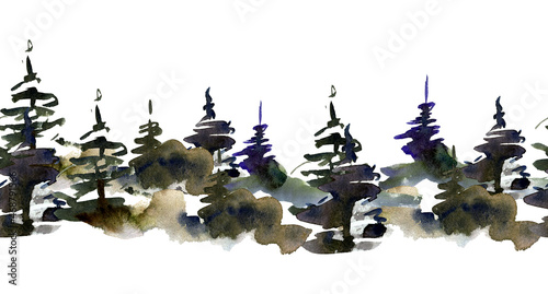Watercolor hand painted seamless border with evergreen trees. High quality illustration
