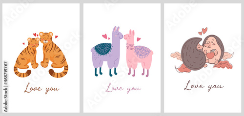 Cute vector illustration valentines day. Animalistic concept Couple of lovers. Hearts, tigers, llamas, hedgehog, lettering. Love you. For postcards, posters, printing clothes. Chinese New Year 2022