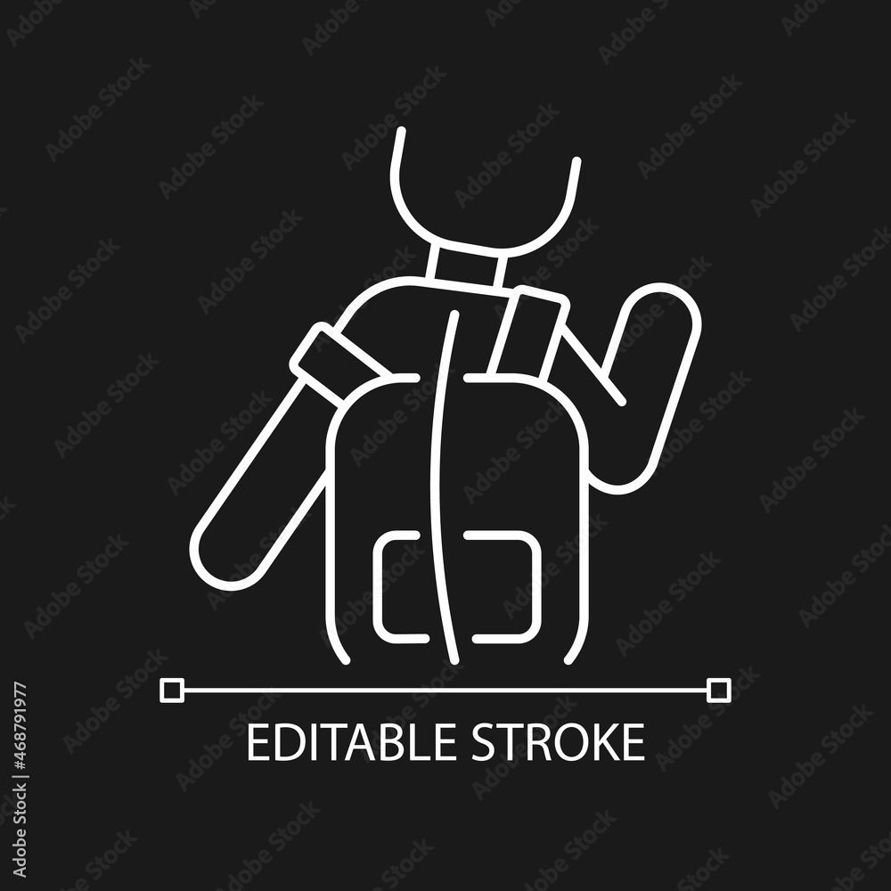 Incorrect use white linear icon for dark theme. Scoliosis cause. Backpack wearing wrong way. Thin line customizable illustration. Isolated vector contour symbol for night mode. Editable stroke Incorrect use white linear icon for dark theme. Scoliosis cause. Backpack wearing wrong way. Thin line customizable illustration. Isolated vector contour symbol for night mode. Editable stroke