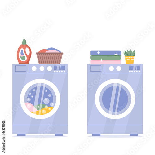 Modern washing machine and tumble dryer isolated on white background. Laundry basket. Washing clothes before and after housework service concept vector illustration.