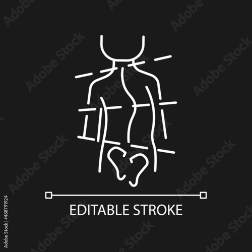 Idiopathic scoliosis white linear icon for dark theme. Spine abnormal curve. Backbone deformation. Thin line customizable illustration. Isolated vector contour symbol for night mode. Editable stroke