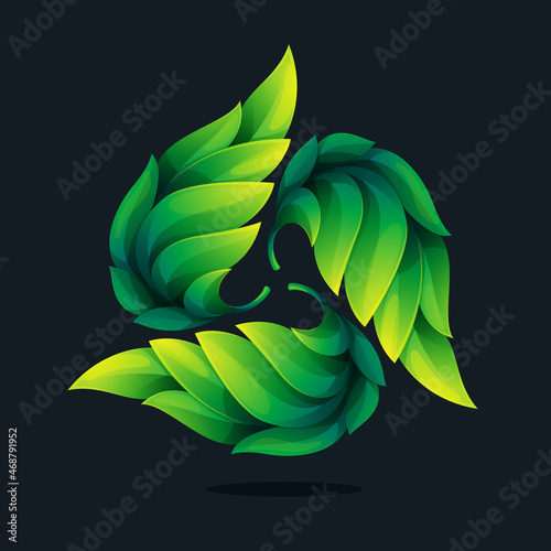 Triangle looped logo made of twisted green leaves or hops flowers. Ecology icon in glossy vivid style.