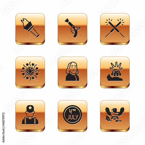 Set Torch flame, Sheriff cowboy, Calendar with date July 4, Benjamin Franklin, Firework, Sparkler firework, Eagle and Vintage pistols icon. Vector