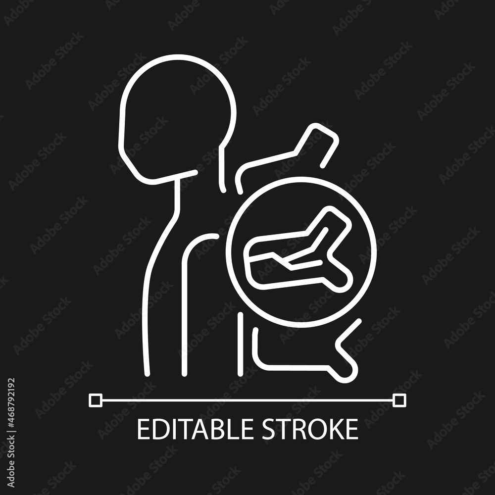 Fototapeta premium Spinal fracture white linear icon for dark theme. Spinal bones injury. Vertebral column dislocation. Thin line customizable illustration. Isolated vector contour symbol for night mode. Editable stroke