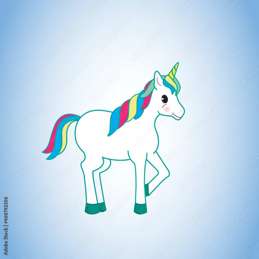 Fototapeta premium Unicorn isolated on background. For web site, poster, placard and wallpaper. Cute unicorn for mobile phone decoration, app, print material and greeting card. Creative art concept, vector illustration