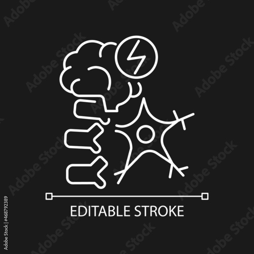Neuromuscular white linear icon for dark theme. Brain and nerve damage. Neurological disease. Thin line customizable illustration. Isolated vector contour symbol for night mode. Editable stroke