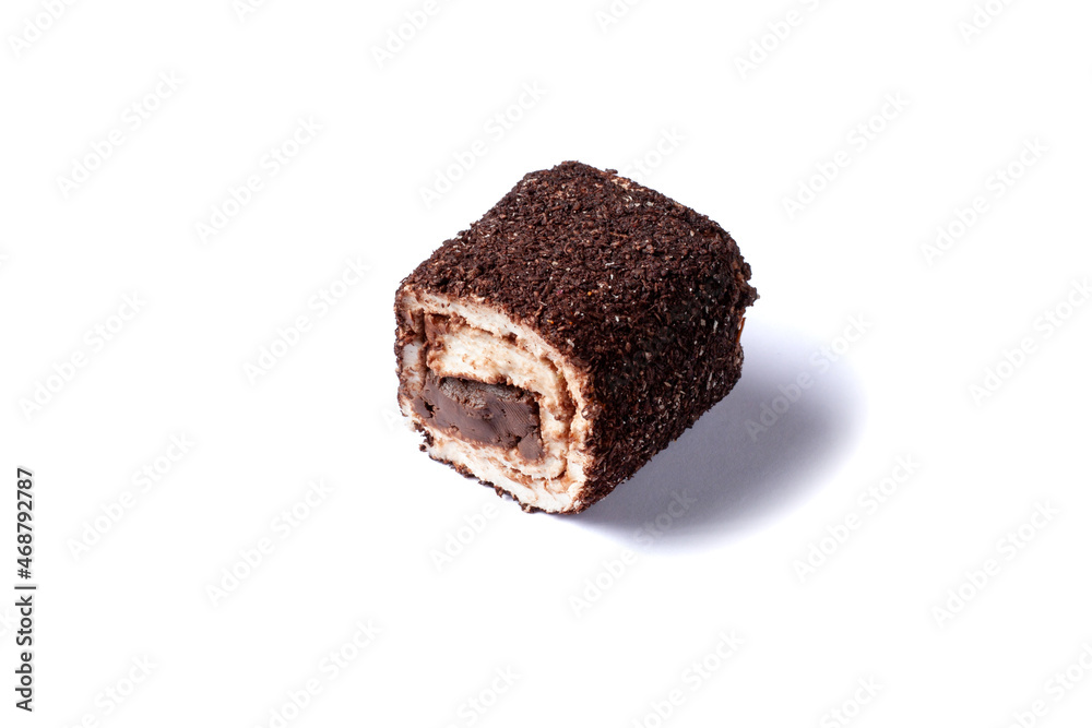 Turkish delight. Turkish delights cream-filled. chocolate lokum rolls covered chocolate chips. isolated on white close up Turkish delight. Turkish delights cream-filled. chocolate lokum rolls covered chocolate chips. isolated on white close up