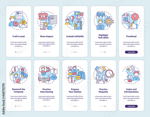 Job hunting onboarding mobile app page screen set. Cv and interview walkthrough 5 steps graphic instructions with concepts. UI, UX, GUI vector template with linear color illustrations