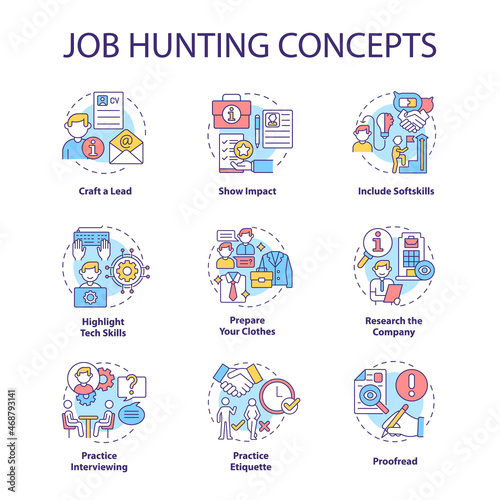 Job hunting concept icons set. Attracting talents idea thin line color illustrations. Human resource. Writing cv. Apply for position. Interviewing. Vector isolated outline drawings. Editable stroke