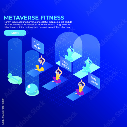 Metaverse yoga class virtual reality 3d isometric vector illustration concept for banner, website, landing page, ads, flyer template