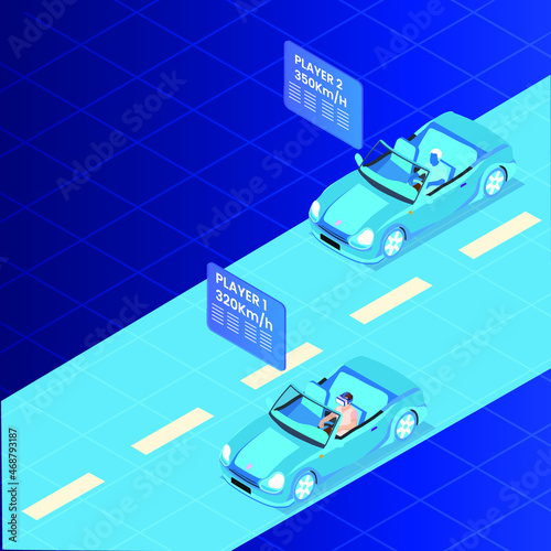 Virtual reality driving cars game in metaverse 3d isometric vector illustration concept for banner, website, landing page, ads, flyer template