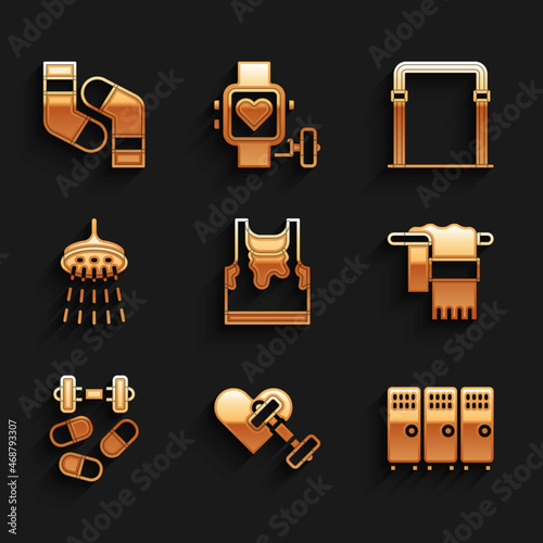 Set Sweaty sleeveless t-shirt, Dumbbell with heart, Locker or changing room, Towel on hanger, Sports doping dumbbell, Shower, horizontal bar and Socks icon. Vector