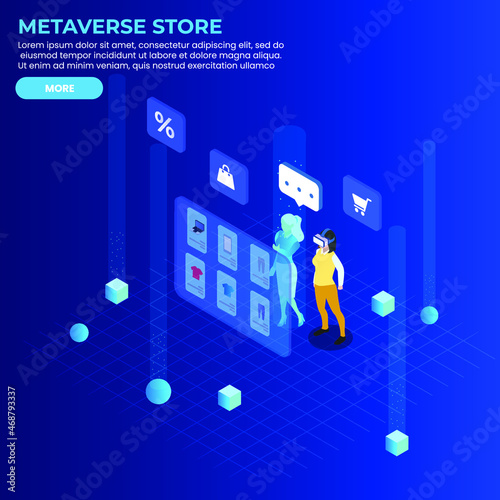 Women virtual reality shopping in metaverse store 3d isometric vector illustration concept for banner, website, landing page, ads, flyer template