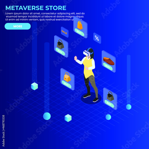 Virtual shopping in metaverse store 3d isometric vector illustration concept for banner, website, landing page, ads, flyer template