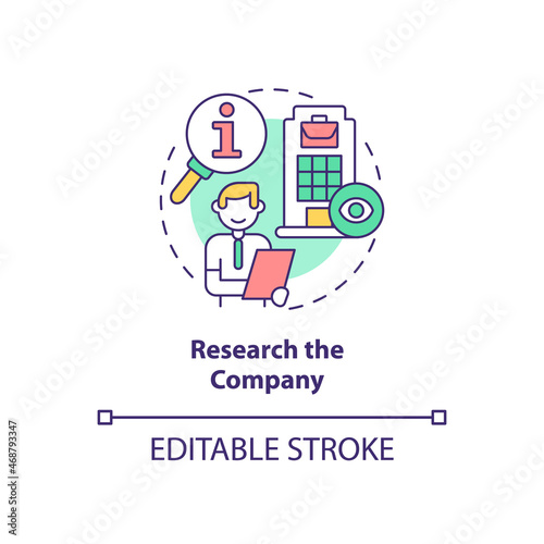 Research company concept icon. Preparing for interview abstract idea thin line illustration. Job position. Know info about organization. Vector isolated outline color drawing. Editable stroke