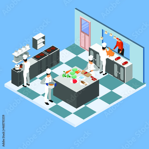 Commercial kitchen with chefs cooking 3d isometric vector illustration concept for banner, website, landing page, ads, flyer template